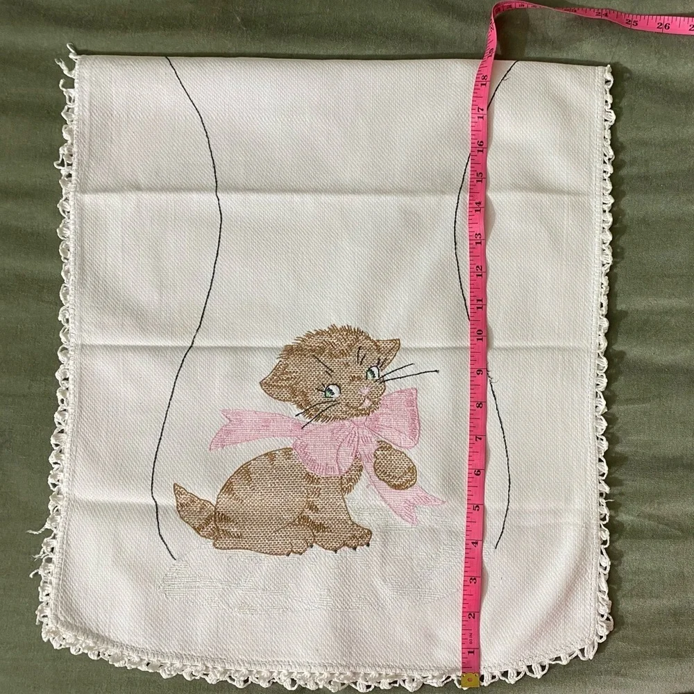 Vintage runner and round cross stitch lot of 2 flowers and kittens OSK